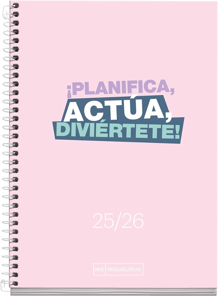 [MR26853] Agenda Escolar 25-26, Planificación 10 meses: de Septiembre 2025 a Junio 2026, Tamaño 117 x 174 mm, Semana Vista, Cubierta de Cartón Forrado, Espiral Metálico Blanco, Español-Inglés Miquelrius