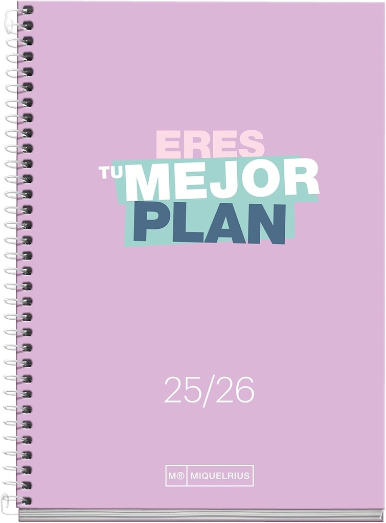 [MR26981] Agenda Escolar 25-26, Planificación 10 meses: de Septiembre 2025 a Junio 2026, Tamaño 117 x 174 mm, Día Página, Cubierta de Cartón Forrado, Espiral Metálico Blanco, Español-Inglés Miquelrius