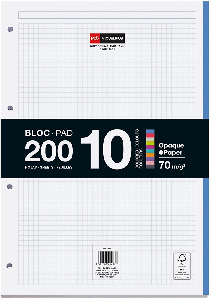 [MR7481] Bloc Recambio Hojas Encoladas, 10 bandas de Colores Intensos, 200 Hojas Cuadriculadas de 5x5 mm, Tamaño A4, Papel 70 g/m², 4 Taladros Miquelrius