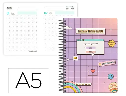 [LP630] Agenda escolar 25-26 espiral pixel morado dia pagina A5 bilingüe papel FSC 80gr