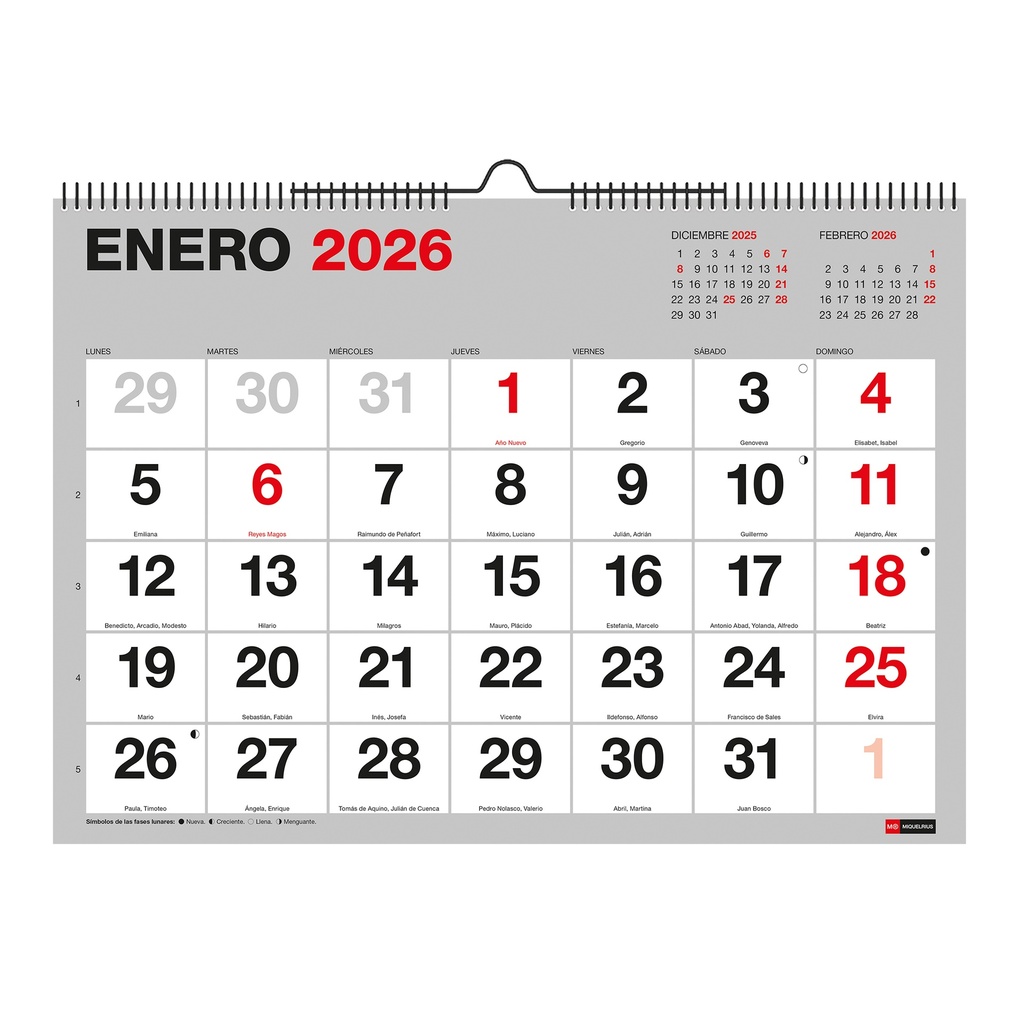 [MR28299] Calendario 2026 de pared Basic, Con números grandes, Organizador anual A3: 420 x 296 mm, Con espacio para anotar, Encuadernación espiral doble, Planificador 12 meses, Español Miquelrius