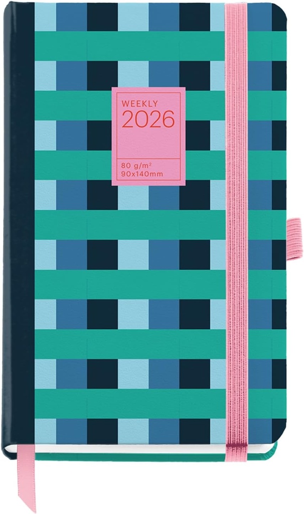 [MR31282] Agenda 2026 semana vista, Formato pequeño (90 x 140 mm), Planificación semanal, Cubierta rígida cartón, Encuadernada, Cierre goma elástica, Papel 80 g/m², Español-EN-PT, Color block Miquelrius