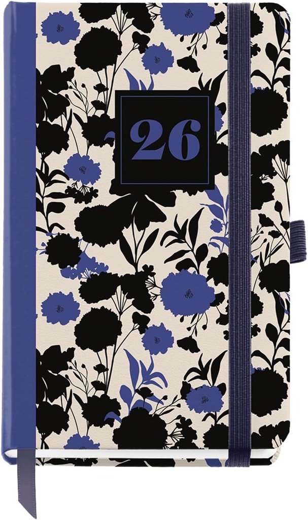 [MR31295] Agenda 2026 día por página, Formato pequeño (90 x 140 mm), Planificación diaria, Cubierta rígida cartón, Espiral, Cierre goma elástica, Papel 80 g/m², Español-EN-PT, Black&Blue Miquelrius