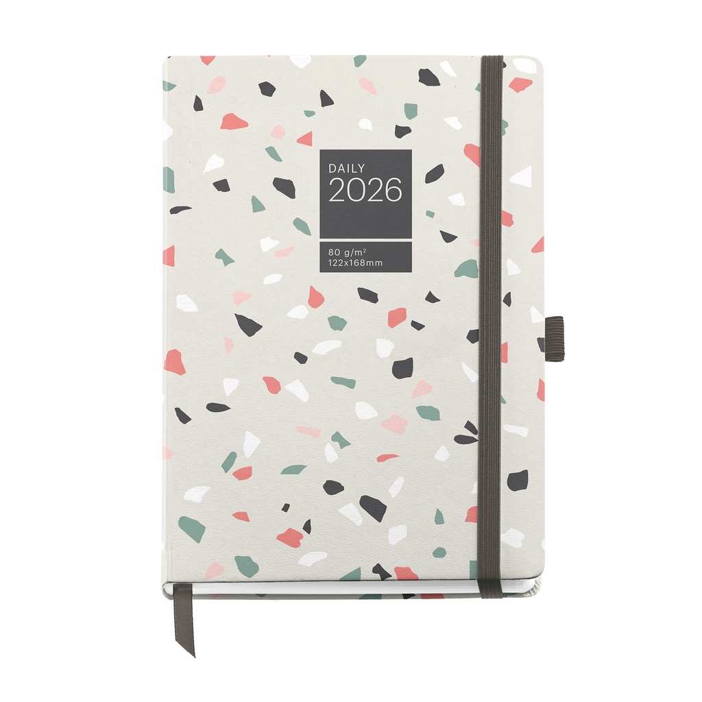 [MR33069] Agenda 2026 día por página, Fácil de llevar (122 x 168 mm), Planificación diaria, Cubierta rígida cartón, Encuadernada, Cierre goma elástica, Papel 80 g/m², Español-EN-PT, Terrazo Miquelrius