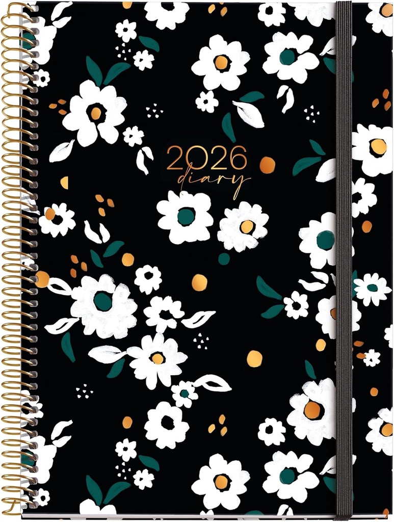 [MR34531] Agenda 2026 día por página, Similar A5+ (155 x 213 mm), Planificación diaria, Cubierta rígida cartón, Espiral, Cierre goma elástica, Papel 80 g/m², Español-EN-PT, Noir garden Miquelrius