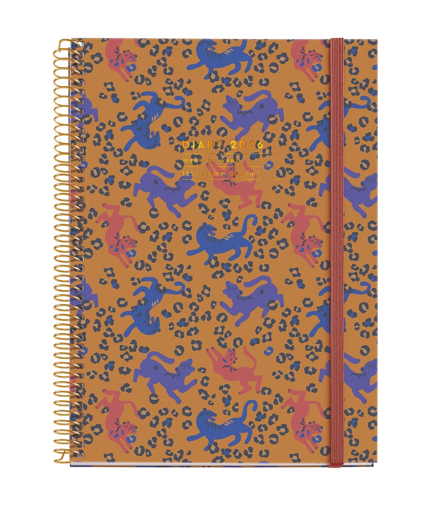 [MR34536] Agenda 2026 semana vista, Similar A5+ (155 x 213 mm), Planificación semanal, Cubierta rígida cartón, Espiral, Cierre goma elástica, Papel 80 g/m², Español-EN-PT, Leopard Miquelrius