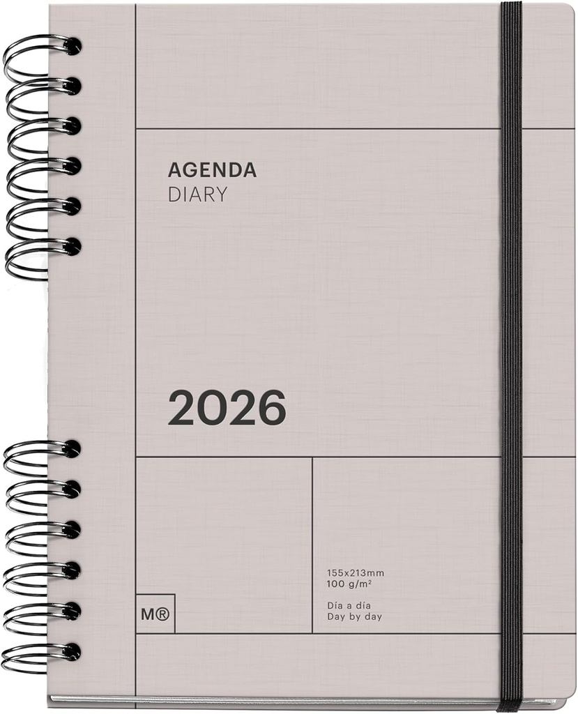 [MR34556] Agenda 2026 día por página, Similar A5+ (160.5 x 218 mm), Planificación diaria, Tapa texturizada, Papel 100 g/m², Cierre elástico, Espiral metálico dividido, Español-EN-PT, Gris Miquelrius