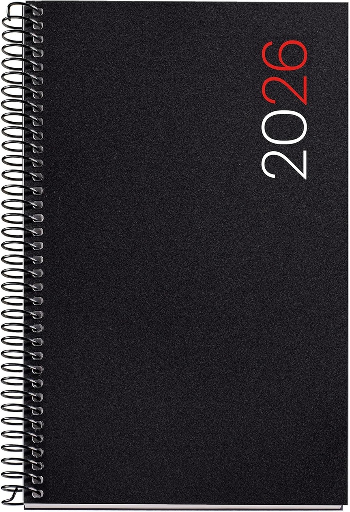 [MR38280] Agenda 2026 día por página, Similar A6+ (117 x 182 mm), Cubierta flexible polipropileno, Espiral, Papel 80 g/m², Planificador diario, Español-EN-PT, Color negro Miquelrius