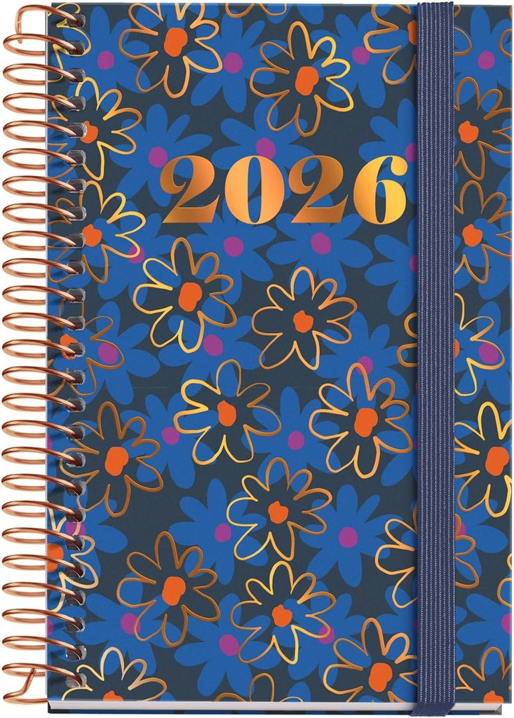 [MR39170] Agenda 2026 día por página, Pequeña y portátil (80 x 120 mm), Planificación diaria, Cubierta rígida cartón, Espiral, Cierre goma elástica, Papel 80 g/m², Español-EN-PT, Daisies Miquelrius