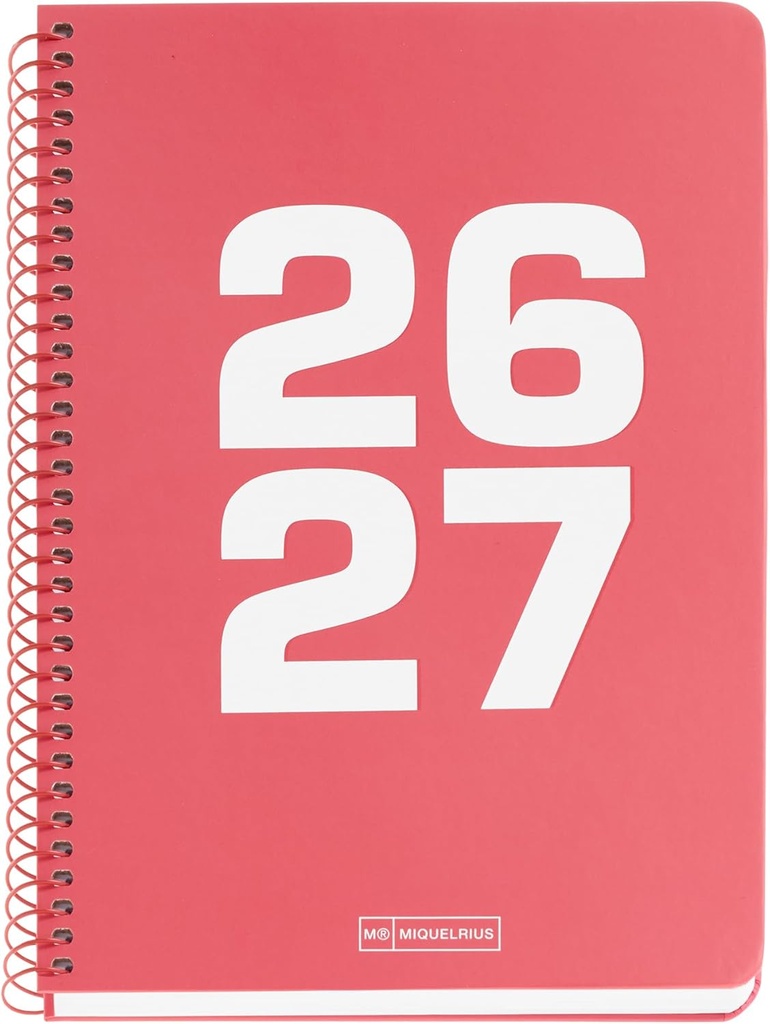 [MR21044] Agenda escolar 2026 2027 día página 10 meses, Tamaño A5+ (15×21,3 cm), Cartón plastificado, Espiral metálico a color, Cantos redondeados, Año en relieve, Stickers, Español-EN, Coral Miquelrius