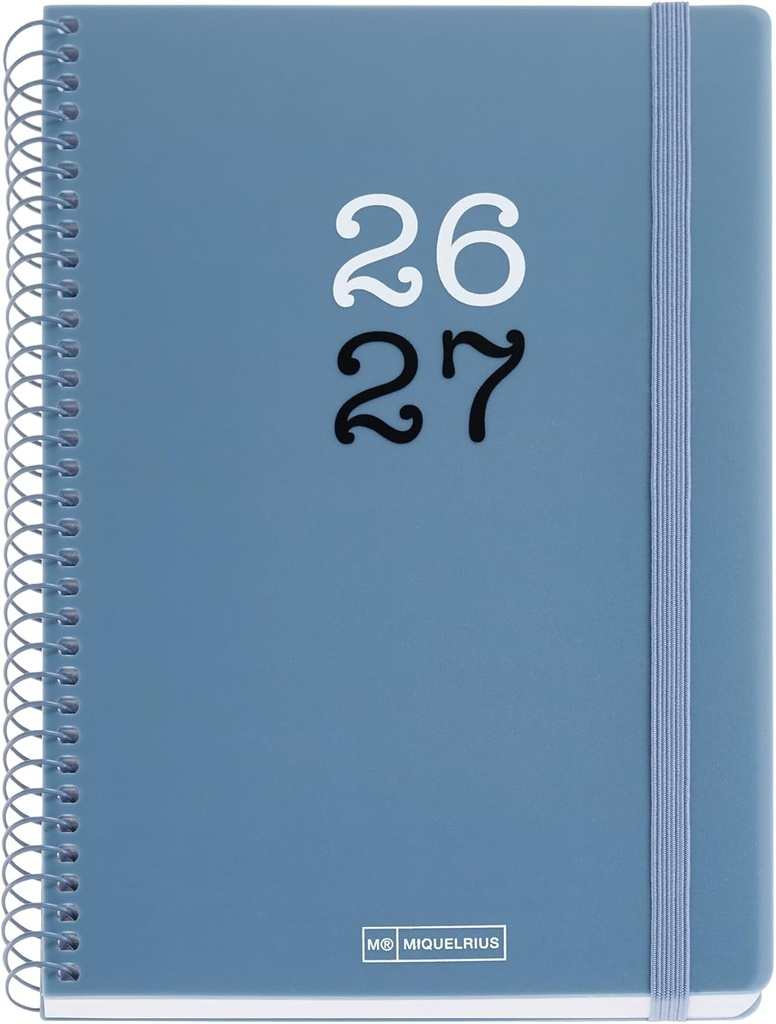 [MR21081] Agenda escolar 2026 2027 día página 12 meses, Tamaño A5+ (15×21,3 cm), Tapas de polipropileno, Espiral metálico a color, Cierre de goma, Cantos redondeados, Stickers, Español-EN, Azul  Miquelrius