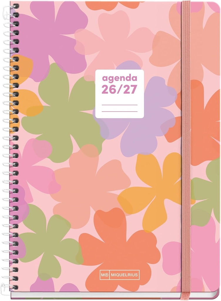 [MR21147] Agenda escolar 2026 2027 semana vista 10 meses, A5+ (15,5×21,5 cm), Cartón forrado, Espiral metálico, Bolsillo interior, Stickers, Regla marcapáginas, Cierre con goma, Español-EN, Summery Miquelrius