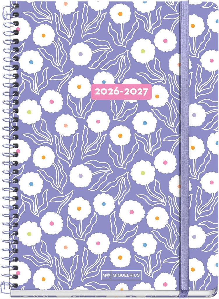 [MR21150] Agenda escolar 2026 2027 semana vista 10 meses, A5+ (15,5×21,5 cm), Cartón forrado, Espiral metálico, Bolsillo interior, Stickers, Regla marcapáginas, Cierre con goma, Español-EN, Bloom Miquelrius