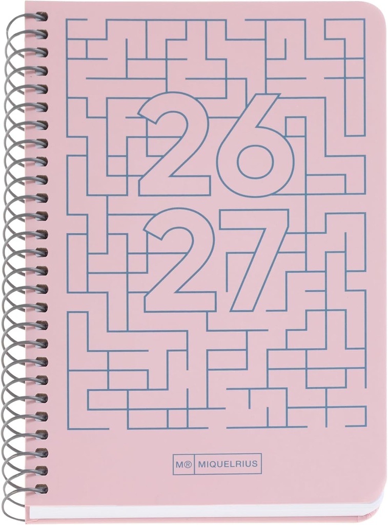 [MR21160] Agenda escolar 2026 2027 semana vista 10 meses, Tamaño A6+ (11,7×17,4 cm), Cartón plastificado, Espiral metálico a color, Cantos redondeados, Stickers, Español-EN, Rosa Miquelrius