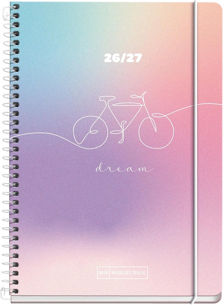 [MR21171] Agenda escolar 2026 2027 día página 10 meses, Tamaño A6+ (11,7×17,4 cm), Cartón plastificado, Espiral metálico, Cantos redondeados, Cierre con goma, Stickers, Español-EN, Dream Miquelrius