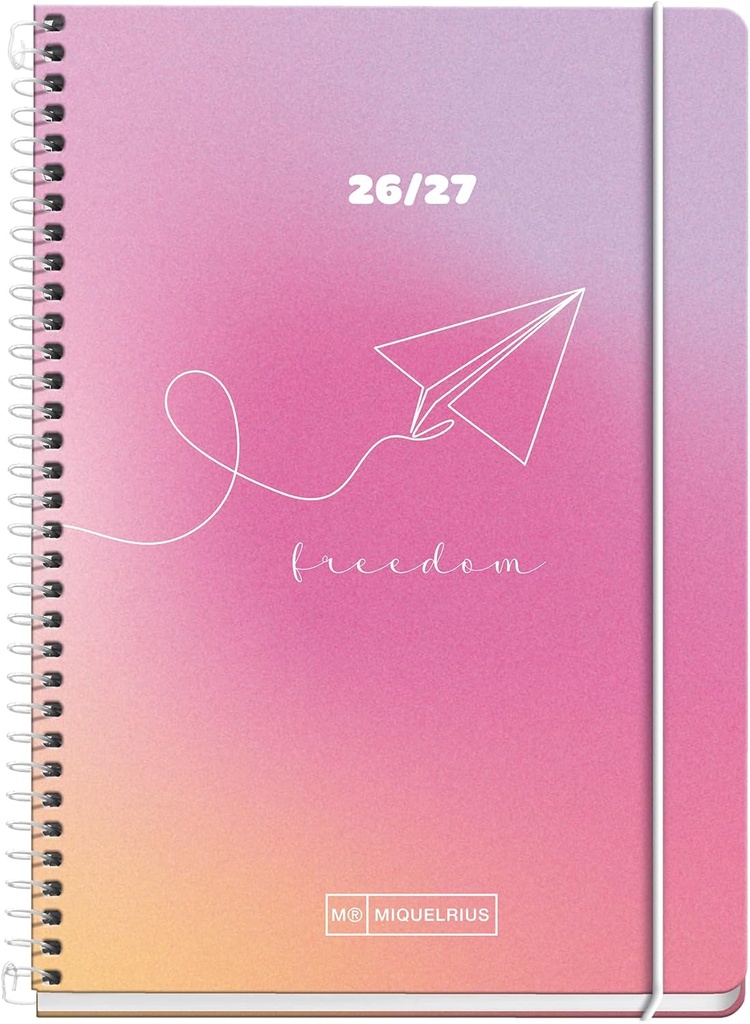 [MR21172] Agenda escolar 2026 2027 semana vista 10 meses, Tamaño A6+ (11,7×17,4 cm), Cartón plastificado, Espiral metálico, Cantos redondeados, Cierre con goma, Stickers, Español-EN, Freedom Miquelrius