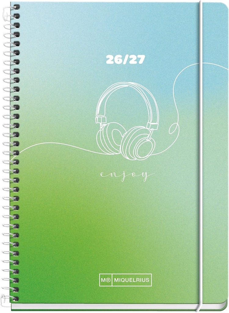 [MR21175] Agenda escolar 2026 2027 semana vista 10 meses, Tamaño A6+ (11,7×17,4 cm), Cartón plastificado, Espiral metálico, Cantos redondeados, Cierre con goma, Stickers, Español-EN, Enjoy Miquelrius