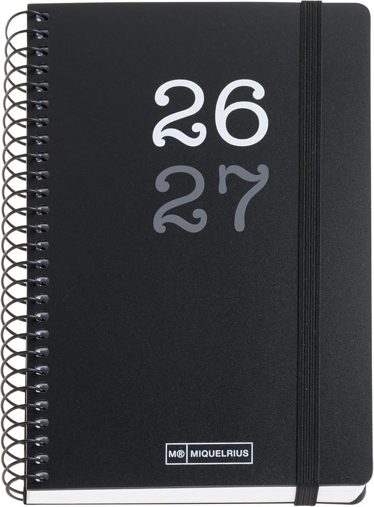 [MR21180] Agenda escolar 2026 2027 día página 12 meses, Tamaño A6+ (11,7×17,4 cm), Tapas de polipropileno, Espiral metálico a color, Cierre de goma, Cantos redondeados, Stickers, Español-EN, Negro Miquelrius