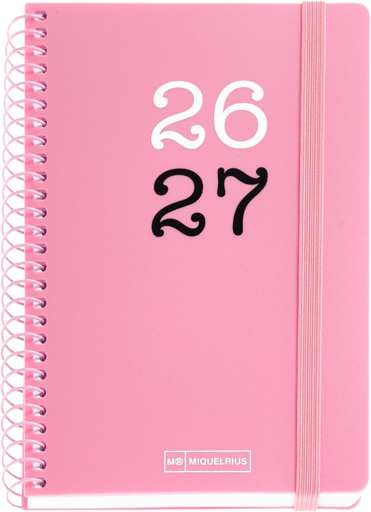 [MR21184] Agenda escolar 2026 2027 semana vista 12 meses, Tamaño A6+ (11,7×17,4 cm), Tapas de polipropileno, Espiral metálico a color, Cierre de goma, Cantos redondeados, Stickers, Español-EN, Rosa Miquelrius