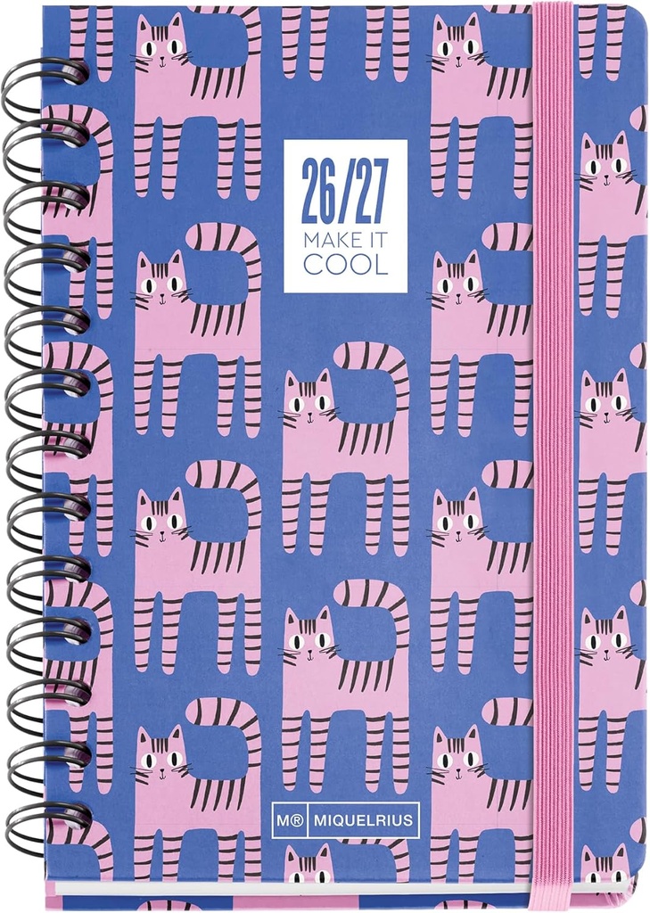 [MR21261] Agenda escolar 2026 2027 semana vista 12 meses, A6+ (12,3×17,8 cm), Cartón forrado, Doble espiral, Cierre de goma, bolsillo interior, stickers y regla marcapáginas, Español-EN, Gatuna  Miquelrius