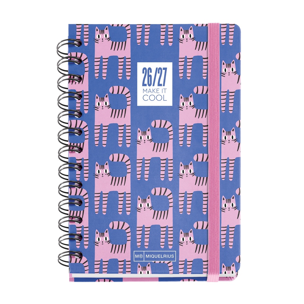 [MR21263] Agenda escolar 2026 2027 día página 12 meses, A6+ (12,5×17,8 cm), Cartón forrado, Doble espiral, Cierre de goma, bolsillo interior, stickers y regla marcapáginas, Español-EN, Gatuna  Miquelrius