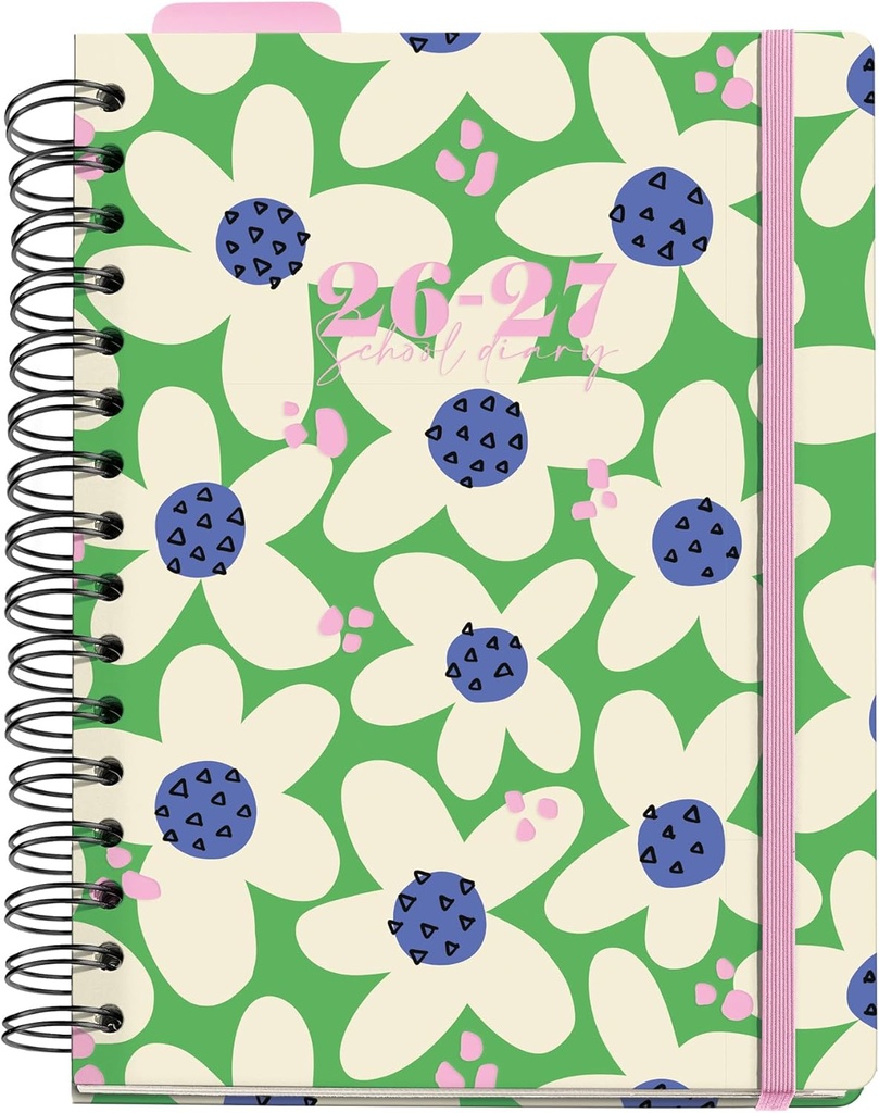 [MR21337] Agenda escolar 2026 2027 día página A5+, Cartón forrado y cierre de goma, Papel 100 g/m², Doble espiral, Separadores, bolsillo interior, regla marcapáginas y stickers, Green bloom Miquelrius