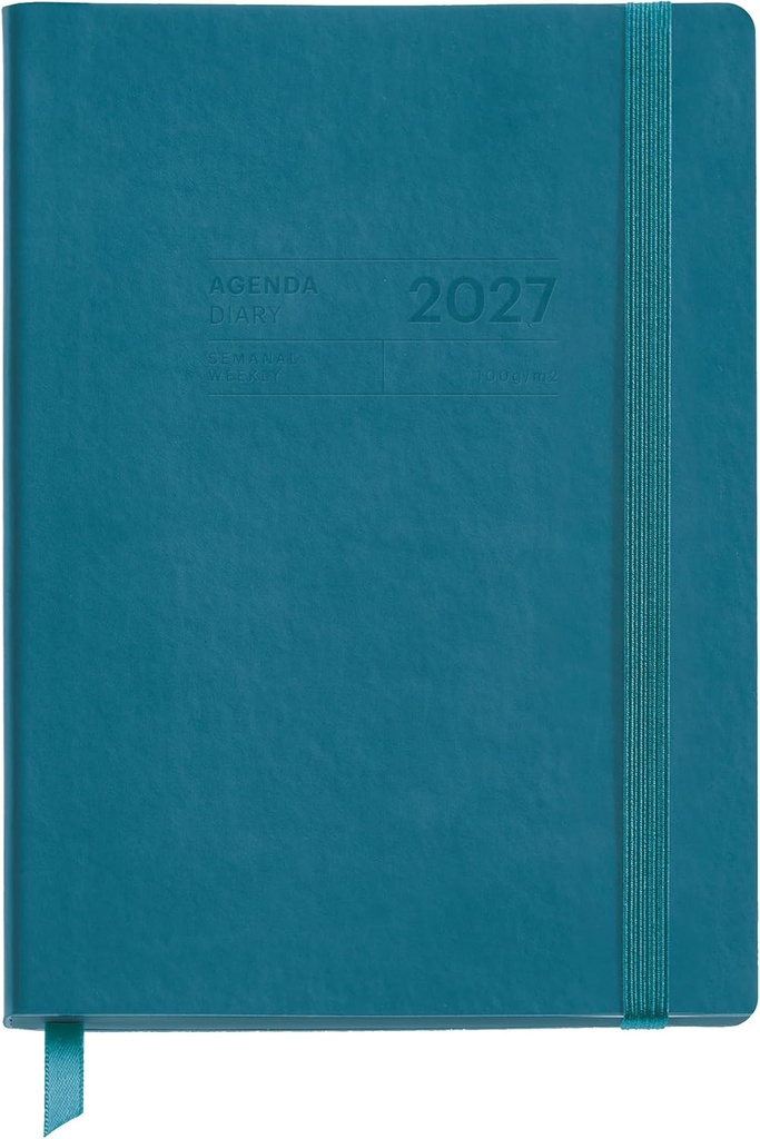 [MR26927]  Agenda 18 meses 2026 2027 semana vista, Fácil de llevar 14 x 19 cm, Bolsillo interior, marcapáginas y stickers, Cubierta cosida símil piel, Cierre con goma, Español-EN-PT, Petróleo 26_27 Miquelrius