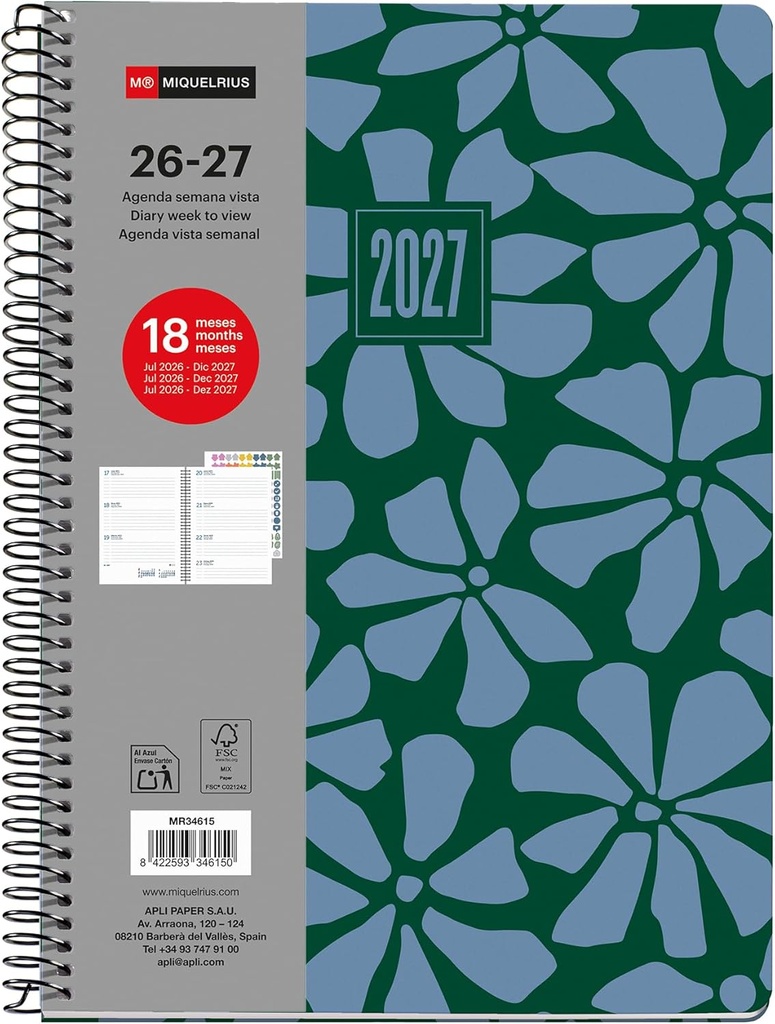 [MR34615] Agenda escolar 18 meses semana vista de julio 2026 a diciembre 2027, Tamaño A5+ (15,5×21,3 cm), Dos páginas stickers, Espiral metálico, Cubierta rígida cartón, Español-EN-PT, Garden  Miquelrius