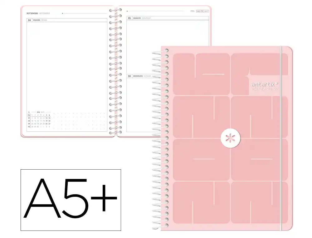 [LP787-174882] Agenda escolar 26-27 espiral essentials día página a5+ bilingue 80g FSC rosa Antartik