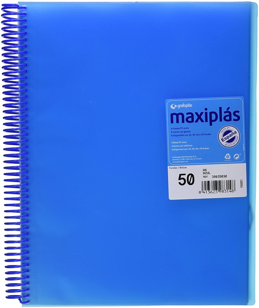 [39835030] Carpeta espiral 50 fundas A4 espiral translucida Maxiplas azul