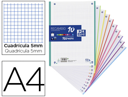 [400106627] Recambio 5x5 A4 90gr 160h 10 colores oxford