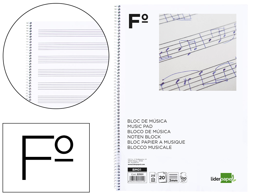 [BM01] Bloc musica pentagrama 3mm Fº 20h 100g Liderpapel